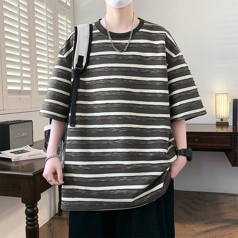 Loose-fitting Short-sleeved T-shirt Striped Large Size Short-sleeved T-shirt For Men 2XL кофейный
