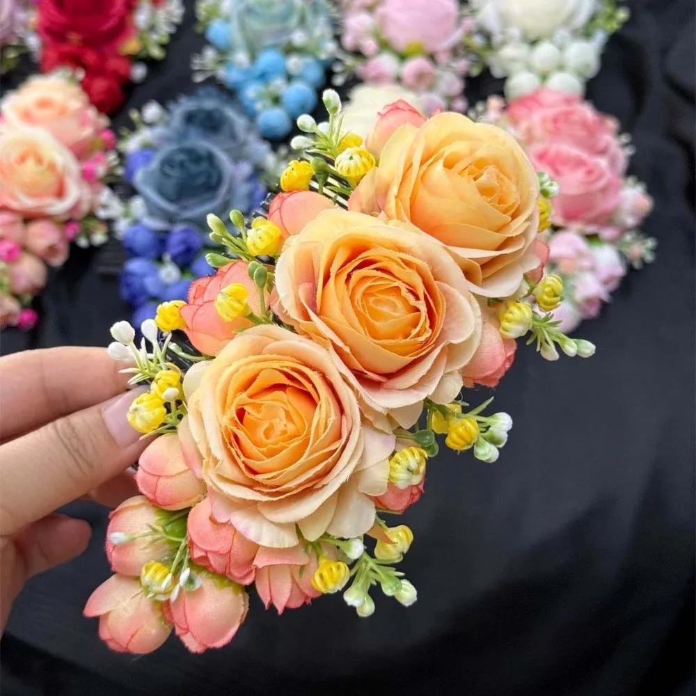 Handmade Sweet Flowers Hairpin Rose Floral Headwear Rose Hair Comb Plastic Cloth Chignon Hair Clips Girls