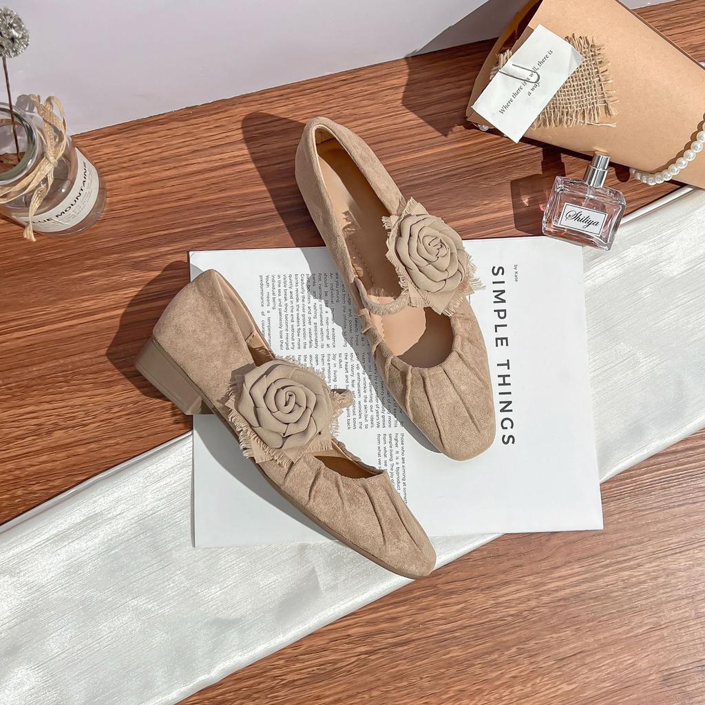 Yuanlitong autumn new camellia temperament single shoes women's retro style wrinkle sense word with soft sole flat shoes