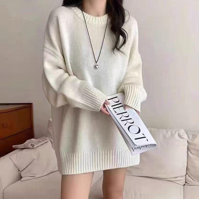 Cross2026 Autumn/Winter Mid-Length Knit Sweater Dress - Women's Loose Round Neck Solid Color