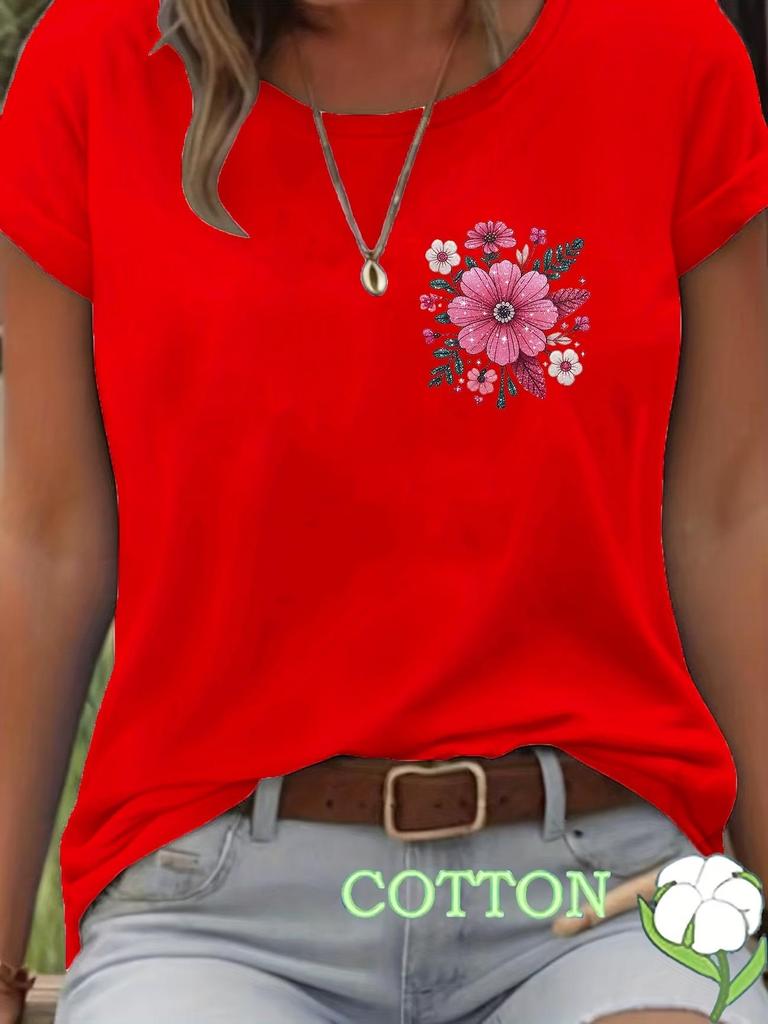 2026 Colorful Floral Round Neck Short Sleeve Casual Pure Cotton T-shirt