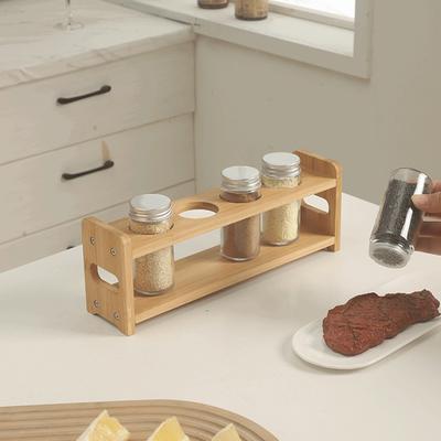 Single Tier Bamboo Spice Rack Kitchen Countertop Organizer Seasoning Bottles Storage Shelf