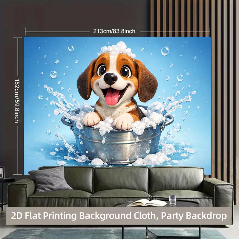 2D Adorable Beagle Puppy Bath Party Tapestry Blue Water and Bubbles Art Print