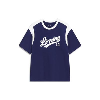 American Vintage Letter Print Color Block Loose Round Neck Short Sleeve T-Shirt Unisex Tops Deep-Pea-Blue AHST855-1