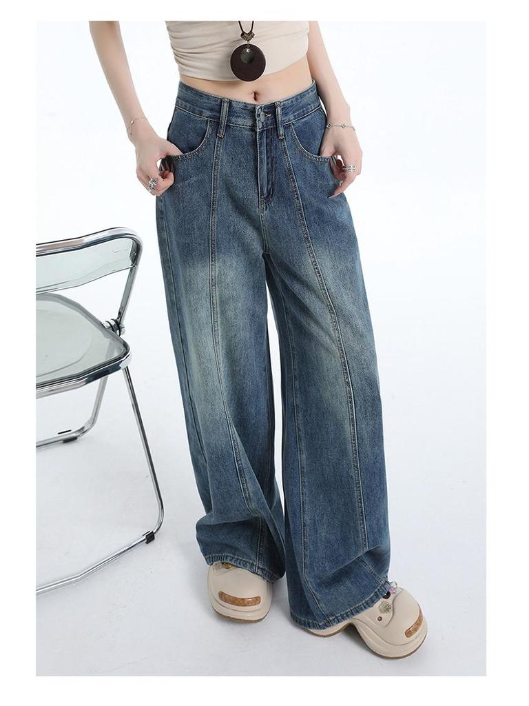 Women's High-Waisted Retro Straight-Leg Jeans - Loose, Slimming, Floor-Length Design for Autumn