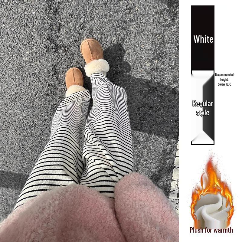 Lazy Style Black & White Striped Fleece-Lined Wide-Leg Pants: Petite-Figure Flattering, Autumn/Winter Casual Floor-Length Design