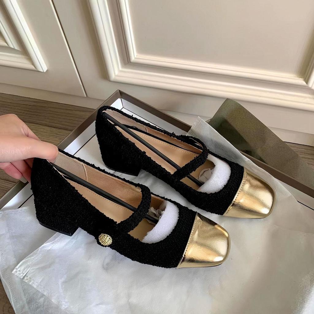 Sheepskin Version~ Xiaoxiangfeng Woolen Color Matching with Genuine Leather High Heels Women's Thick Heels Single Shoes Mary Jane Shoes Ladyshoes