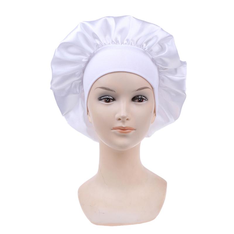 58Cm Solid Color Women Satin Bonnet Cap Night Sleep Hat Adjust Shower Caps