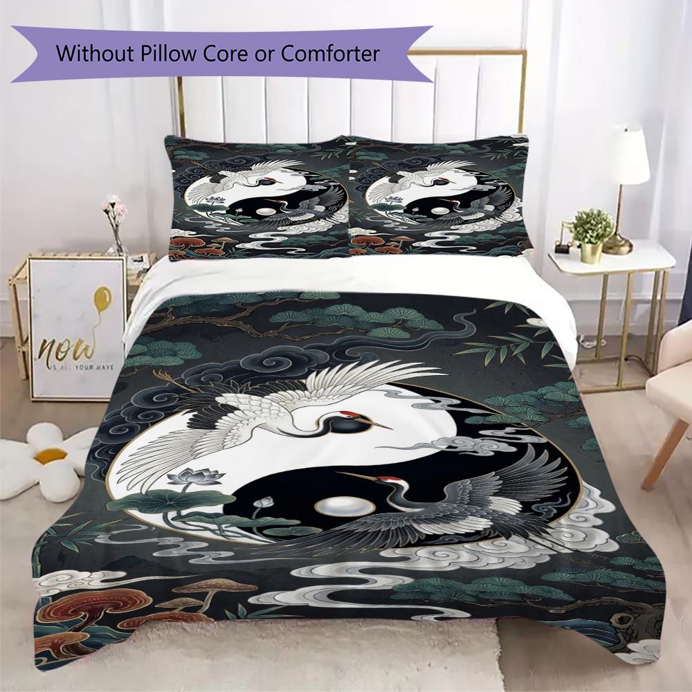 crowned Crane Pattern Bedding uilt Set uilt Cover Pillowcase Home Decoration Birthday Gift (1 * duvet cover + 2 * pillowcase without core)98
