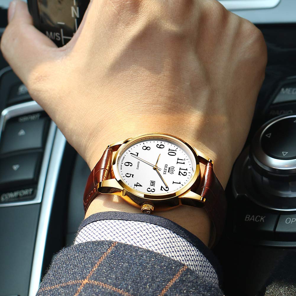 OLEVS Leather Date Watch Men's Watch, Stylish, Ultra-Thin, Strap, Quartz, Analog, Display, Men's