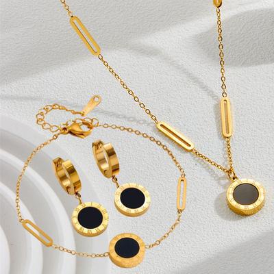 4 Stück/Set Edelstahl Schwarz und Weiß Römische Ziffer Anhänger Halskette Armband Ohrringe Damen Bankett Schmuckset, Partygeschenk