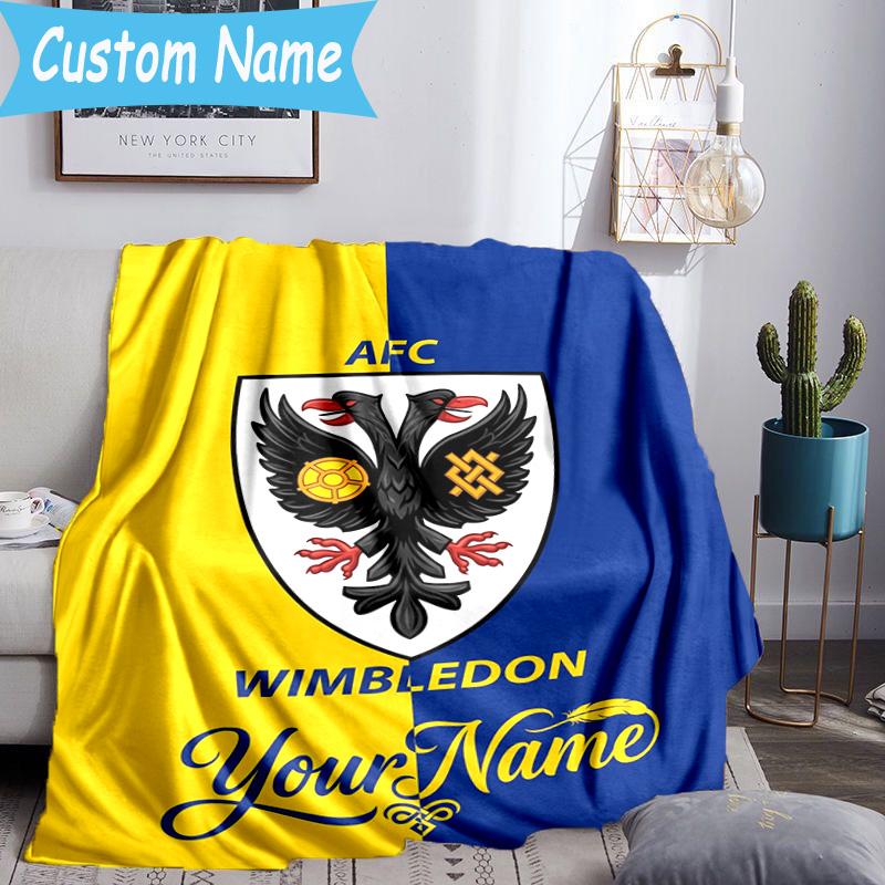 Custom Name Afc Wimbledon Crest Flannel Blanket, Use for Birthday/Holiday Gift, Soft Blanket for Sofa/Bed/Camping/Office, Home Decor