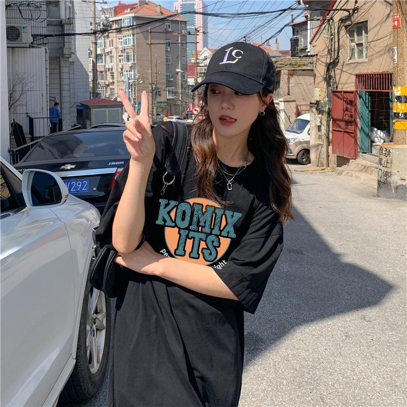 Cotton Summer New Korean Loose Letter Printing Student Slit Short Sleeve Mid-length Dress for Women