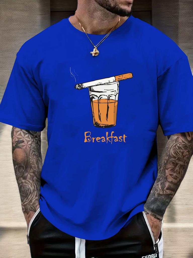 Mens Casual Tshirt Breakfast Cigarette Drink Print Short Sleeve Round Neck Breathable Oversized Edgy Daily Tee
