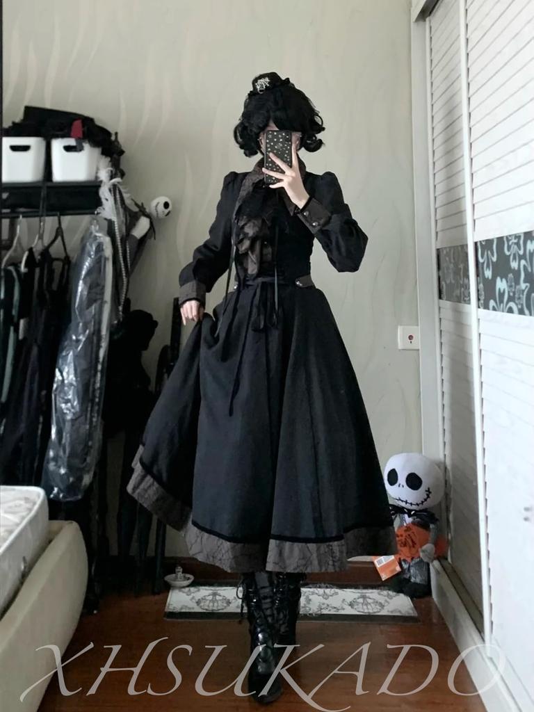 XHSUKADO Gothic Lolita Irregular Long Size L Women's Dress, Halloween, Lace, Jabot, Lace-Up, Long, Ruffled, Hem, Dark, Spider, Noble, Gothic,