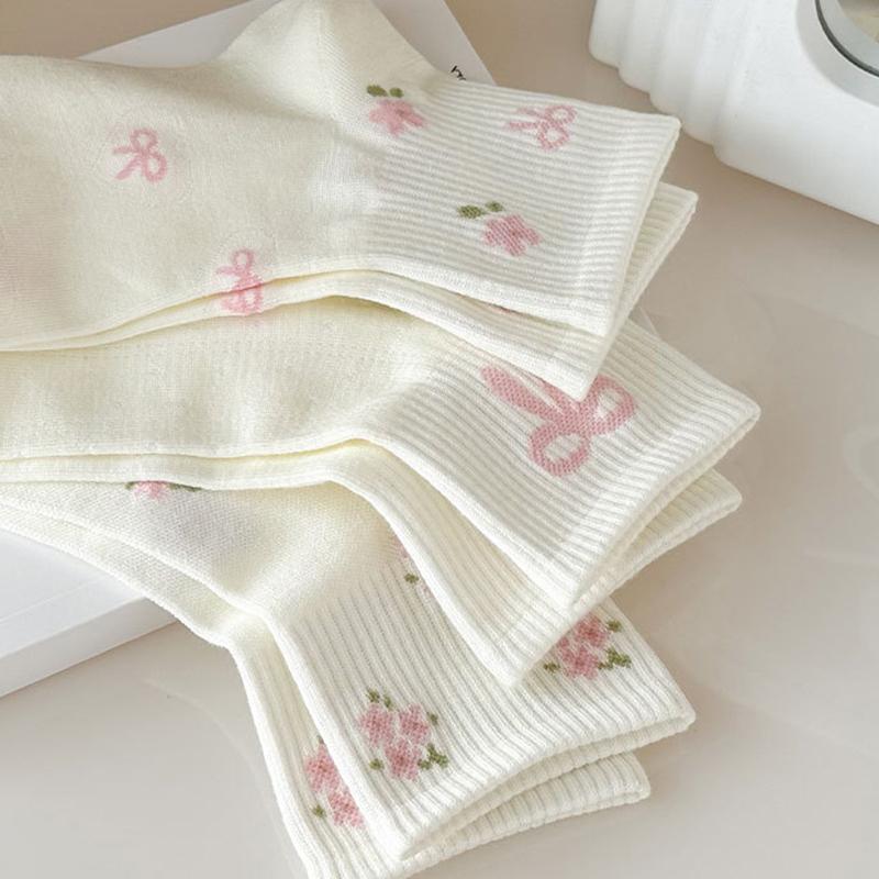5/10 Pairs Women Bow Print Mid Tube Socks Spring Summer Sweat Absorbing Breathable Sweet Styles Flower Pattern Casual Socks