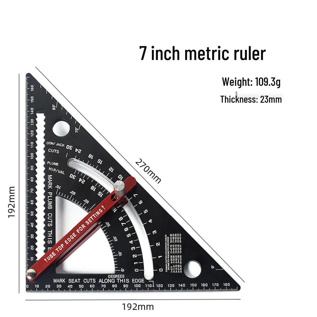 ZJ Aluminum Alloy 7" Triangle Woodworking Ruler - Inch/Metric 90° Right Angle Ruler
