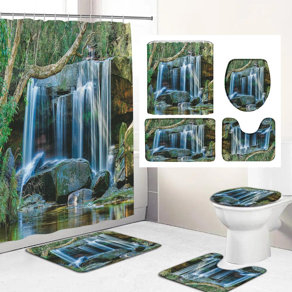 Wasserfall Landschaft Druck Duschvorhang Wald Szenerie Wasserdichte Badezimmer Vorhänge Heimdekoration Rutschfeste Teppiche Duschvorleger Set