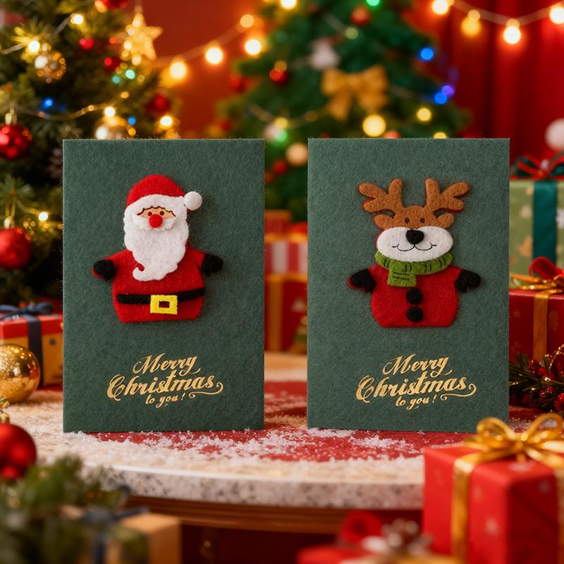 4PCS Green Style Christmas Greeting Card Set Pearlescent Paper 3D Felt Invitations  Postcards Christmas Party Gift Souvenirs ZYF