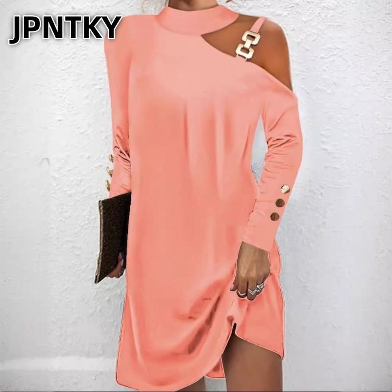 JPNTKY Fashion Autumn Winter Solid Color Print Long Sleeve Casual Dresses