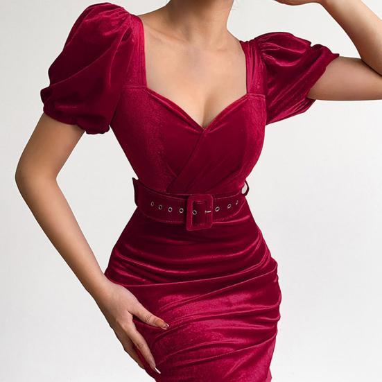 Belt Waist Tight Hip Wrap Skinny Elegant Dress Square Collar Puff Short Sleeve Bodycon Gown Dress Female Clothing