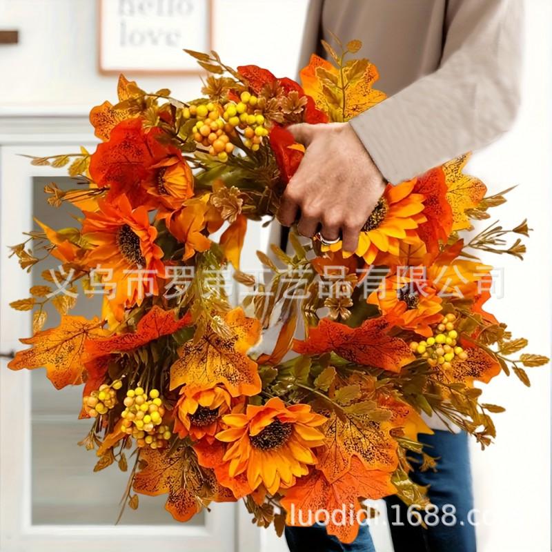 Harvest Wreath With Pumpkins Berries Vine Circle Halloween Thanksgiving Door Decor