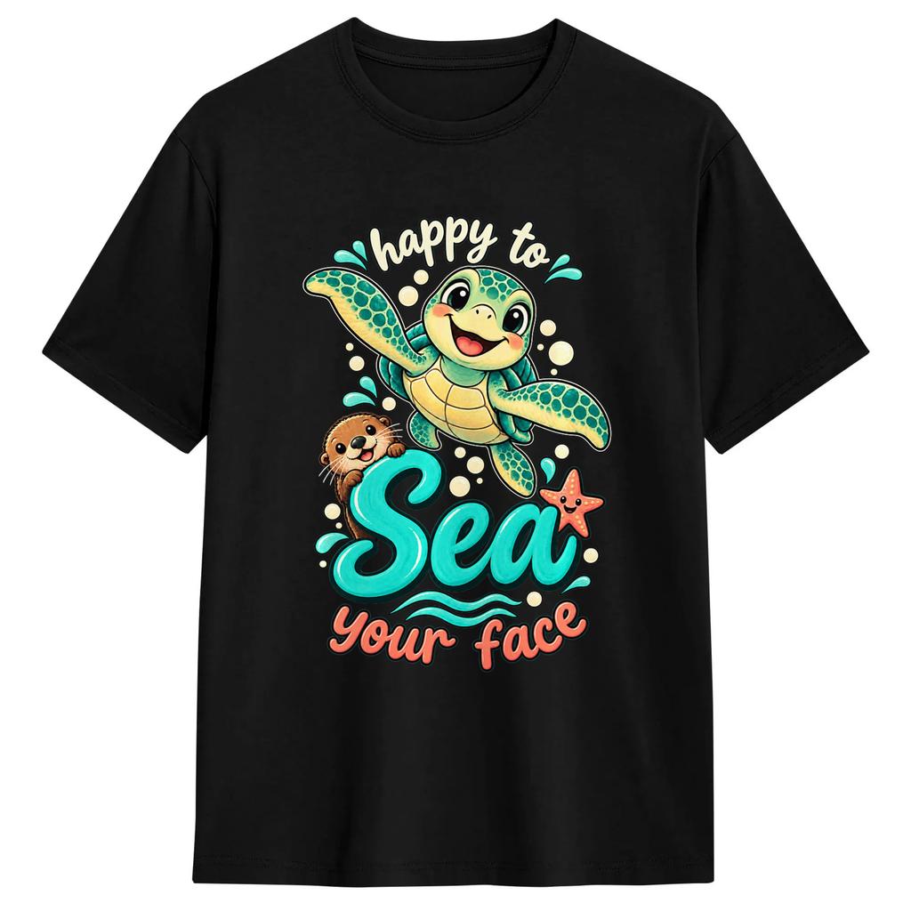 Happy to Sea Your Face Teacher Back to School Ocean Men T Shirt Vintage Tees Short Sleeve Crewneck T-Shirt 100% Cotton Tops