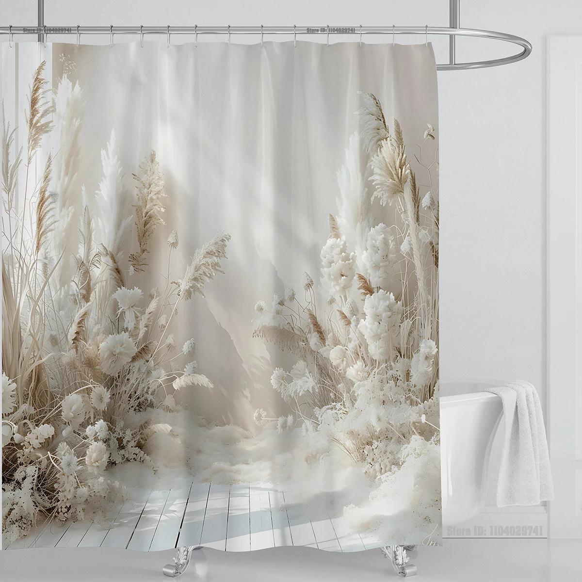 

Elegant Floral Shower Curtain - Soft White Flowers & Grass Design for Romantic Bathroom Décor, Waterproof & Easy Care W90XH180cm