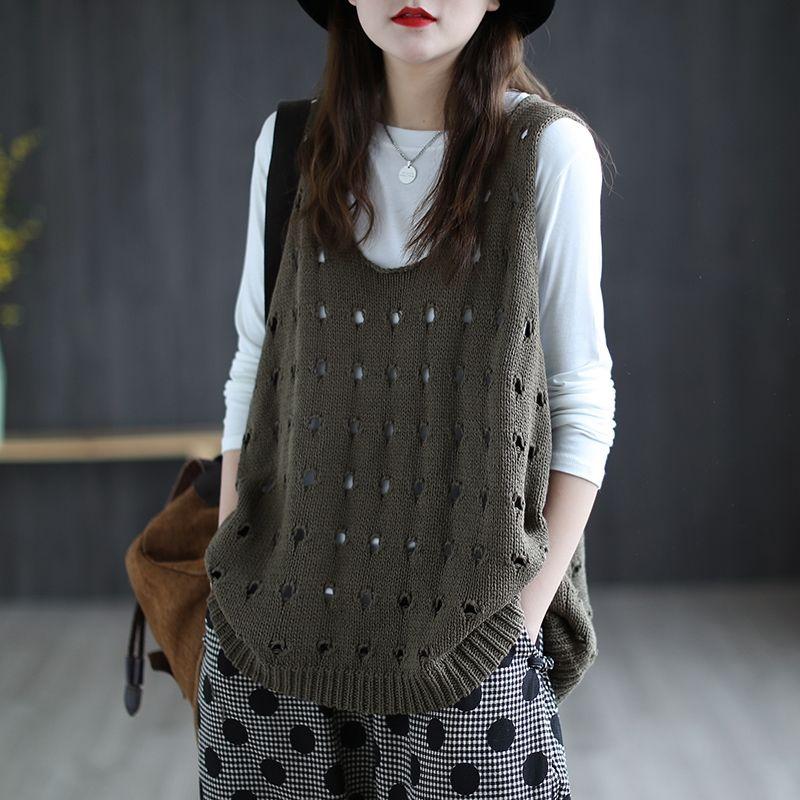 Women's Plus-Size Hollow-Out Knitted Gilet Vest Loose Outer-Wear Casual Sleeveless Cardigan for Spring and Summer