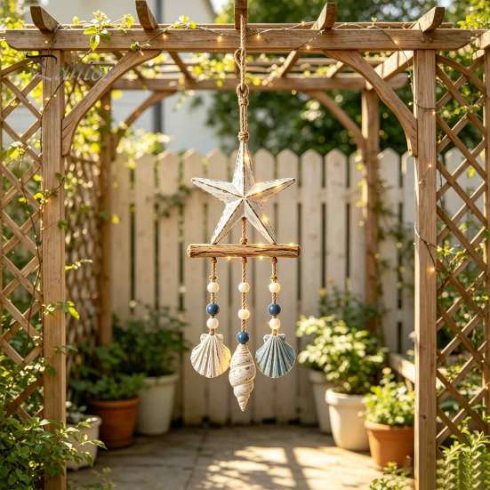 Decorazione da Appendere per Portico Costiero, Ornamento da Parete in Legno Illuminato, Cartello Nautico con Pesce, Conchiglia, Stella Marina e Ornamenti, Luci LED Calde, Casa al Mare per
