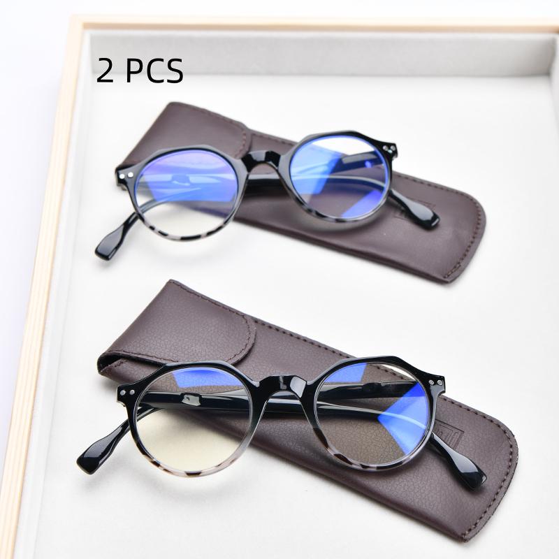 

Костюм из 2 штук Ретро Круглые Пружинные Петли Блокирующие Синий Свет Очки для Чтения с Футляром Женские Мужские Классические Очки для Чтения при Пресбиопии Di +3.5