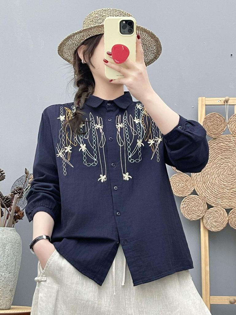 Women's Early Spring Cotton Gauze Embroidered Lapel Shirt - Long Sleeve, Loose Fit, Versatile