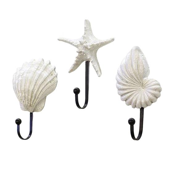 3 Pezzi Ganci da Parete, Ganci Appendiabiti Vintage in Metallo e Resina a Forma di Conchiglia per Bagno Cucina Ingresso, Appendioggetti Decorativo a Tema Spiaggia con Stella Marina Conchiglia,