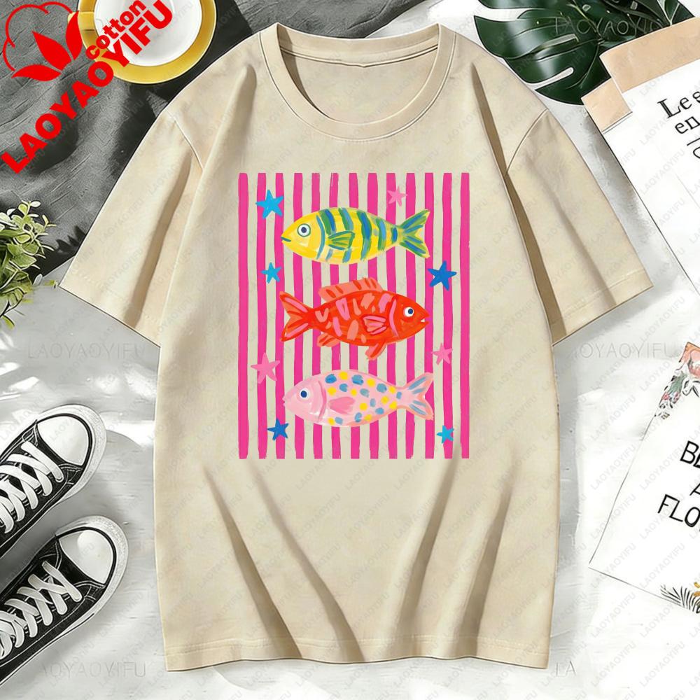 Bright Striped Fish Graphic Tee Y2k Pop Art Aesthetic Bold Pink Colorful Fish Print Nautical Summer Everyday Casual TShirt