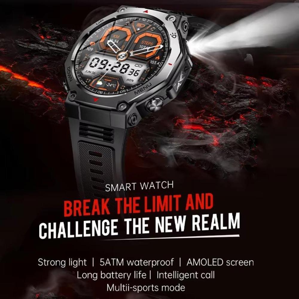 2026 New Flashlight-UV Light Smart Watch 5ATM Waterproof 1.43 Inch AMOLED Heart Rate 100 Sport Modes Bluetooth Call Smart Watch