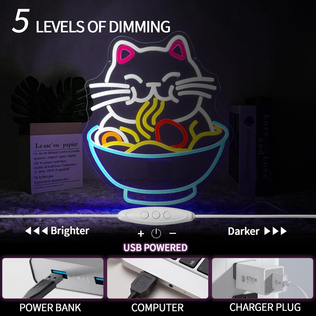 Fortune Cat Ramen Neon  Lucky Cat Decor Japanese Noodles Signs for Home Kitchen Restaurant Bar Party Business Decor Gift