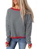 Shi Ying Women's Striped Drop Shoulder Sweater - Contrasting Trim, Loose Fit, Versatile Long Sleeve Knit Pullover.