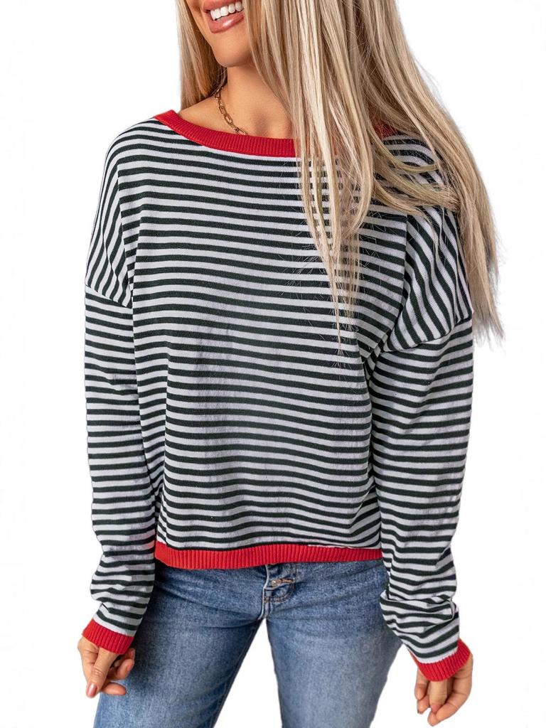 Shi Ying Women's Striped Drop Shoulder Sweater - Contrasting Trim, Loose Fit, Versatile Long Sleeve Knit Pullover.