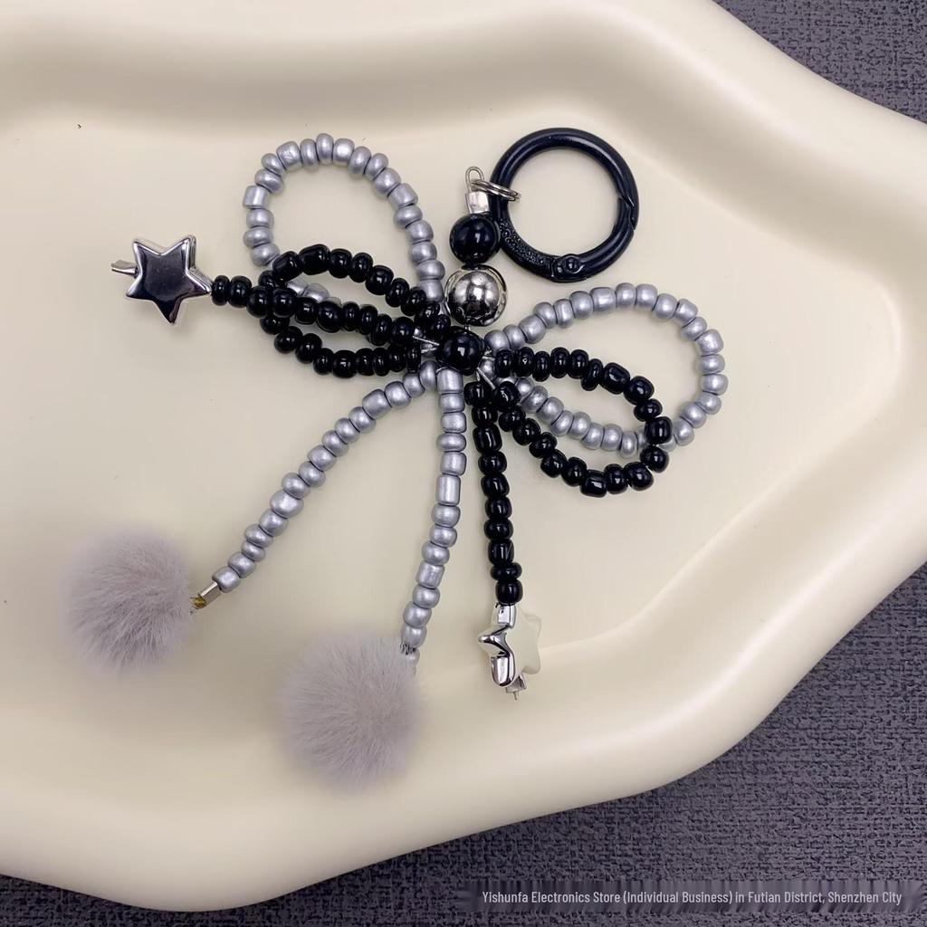 Autumn Winter Fluffy Bow Phone Chain with Beaded Lanyard for Universal Phone and Camera Cases