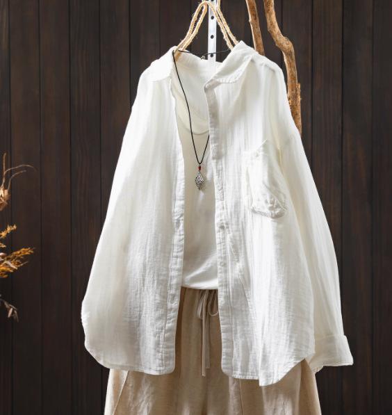 Johnature Femmes Chemises Vintage Tops Col Rabattu Patchwork Poches Blouses Automne Chemises Couleur Unie