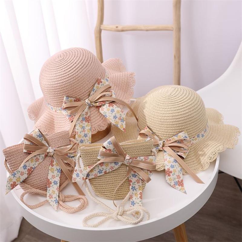 Strohhut für Kinder Sommer Mädchen Strandhut Kinder Sonnenhut Mädchen Sommer Strohhut Tasche Set Sonnenschutz Japan