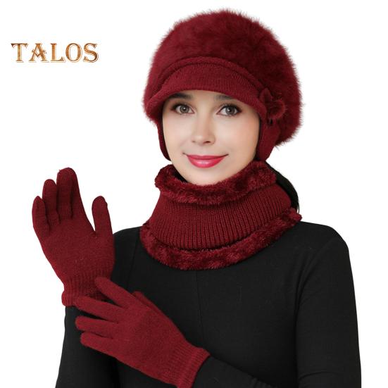 

3 шт./комплект для женщин среднего возраста, зимняя шапка-шарф, перчатки, комплект, толстая вязаная шапка для защиты ушей, перчатки, эластичные ветрозащитные перчатки для мамы, зимняя на открытом воздухе, для езды на велосипеде вино красного