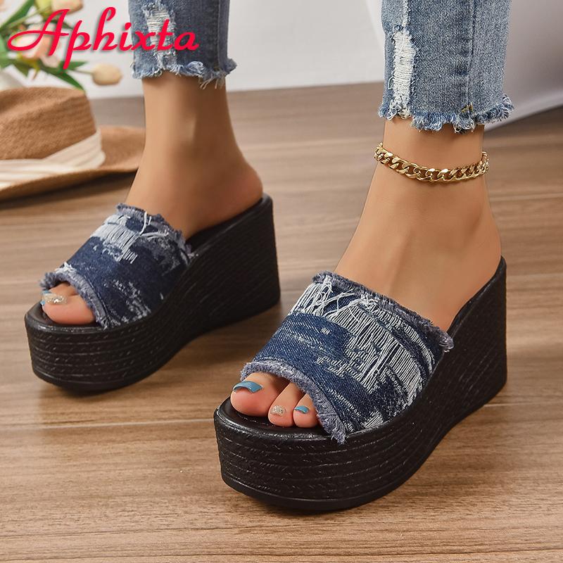 Fashion Aphixta 3.54 Inch Platform Women's Slides Denim Cotton Fabrics Shoes Slippers Jean Wedge Heel Beach Plus Size 42 43