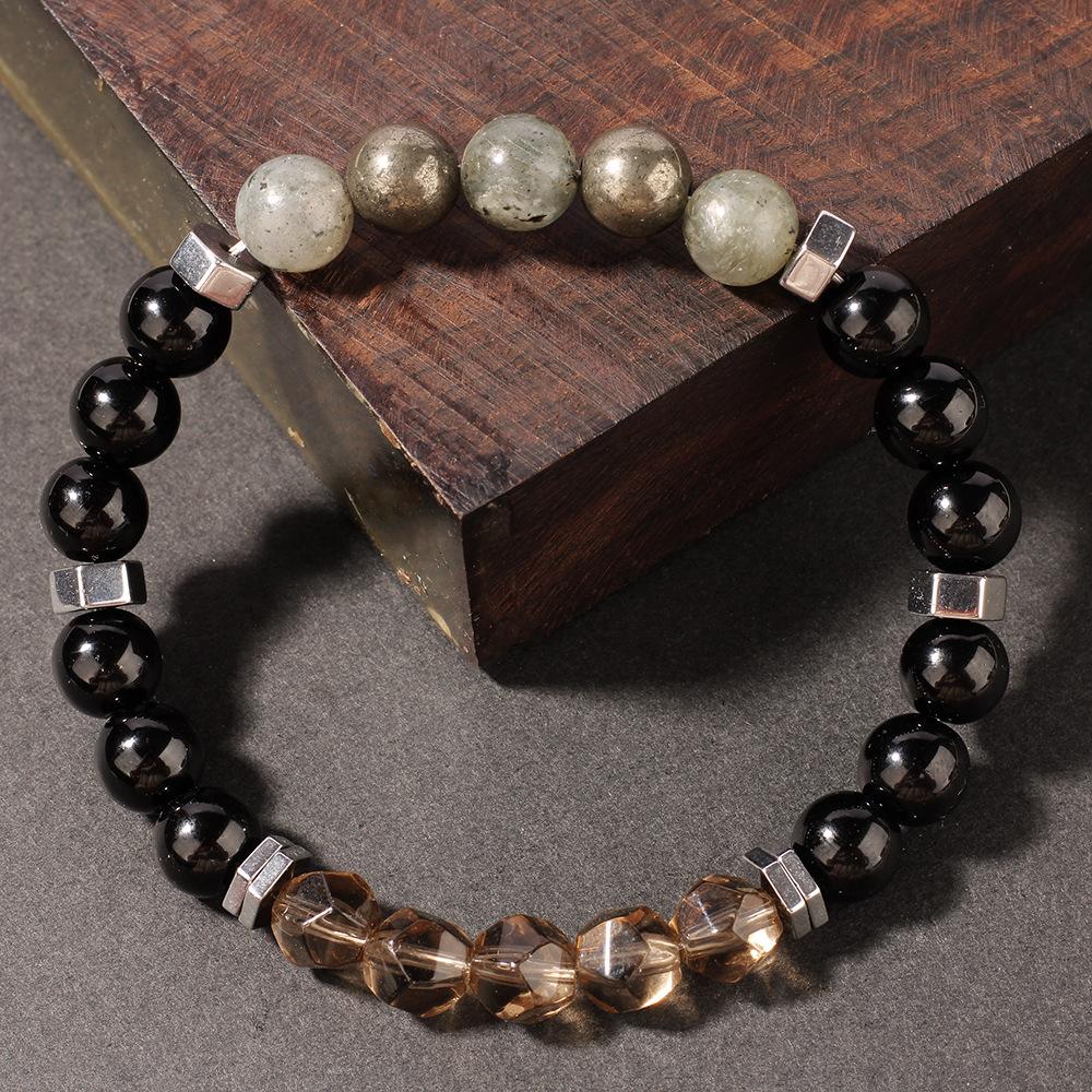 Festive Gifts Black Onyx Smoky Quartz Labradorite and Pyrite Beaded Bracelet Bold Fashion Jewelry for Men Daily Wear Simple Versatile Accessory