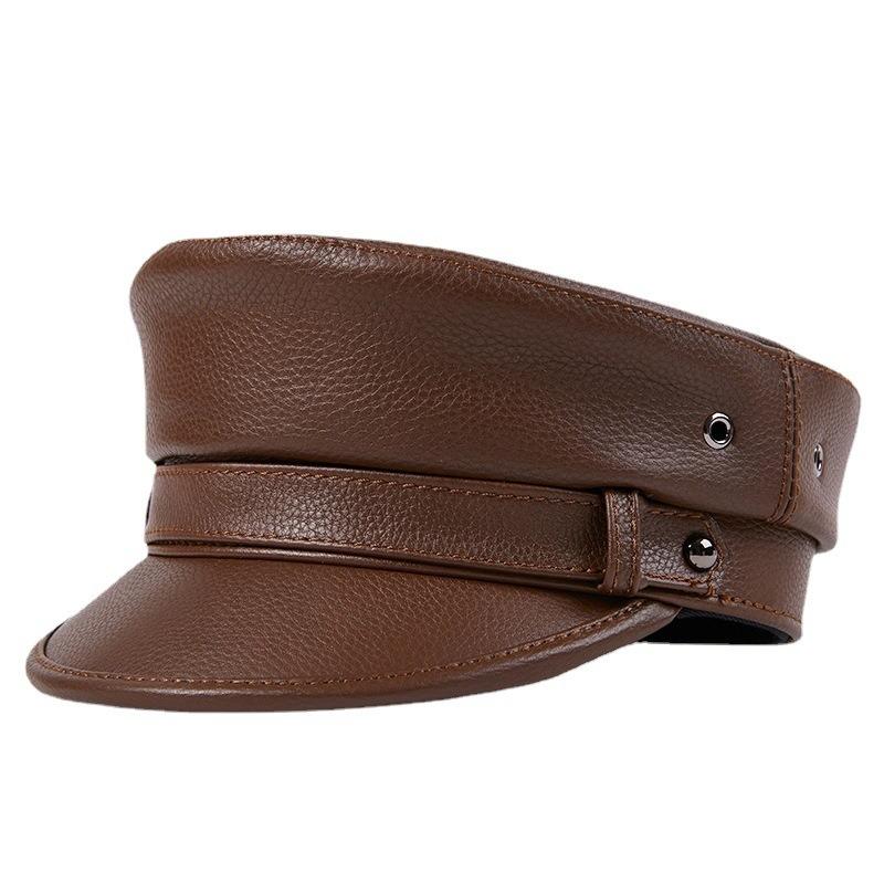Unisex Genuine Leather Captain Cap, Vintage Punk Motorcycle Military Hat, Harajuku Rock Flat Top Beret for Men and Women