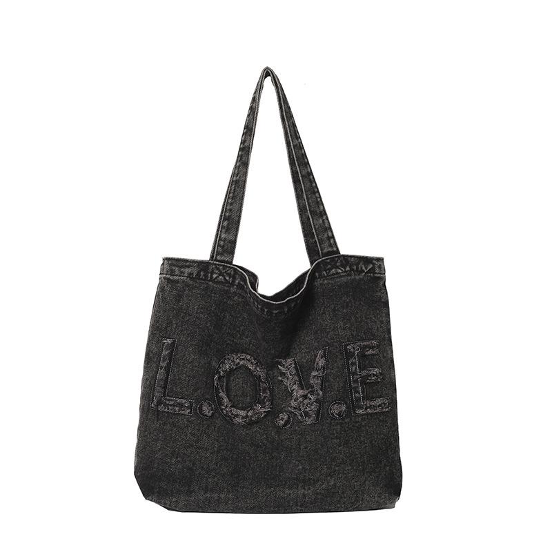 Ретро джинсовая холщовая сумка-тоут с вышивкой - Большая плечевая сумка 44x10x35 cm чёрный