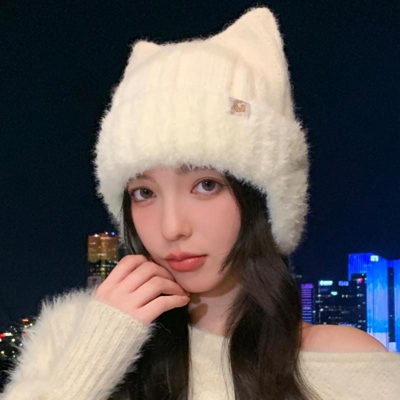 Cute cat ears knitted wool hat women's autumn and winter super cute headgear outdoor windproof ear hat