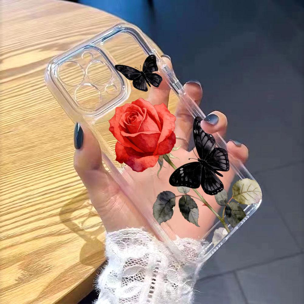 Red Rose with Black Butterflies lucency Phone Case for IPhone 14 15 16 13 12 11 17 Pro Max 12 13 Mini Soft Cover