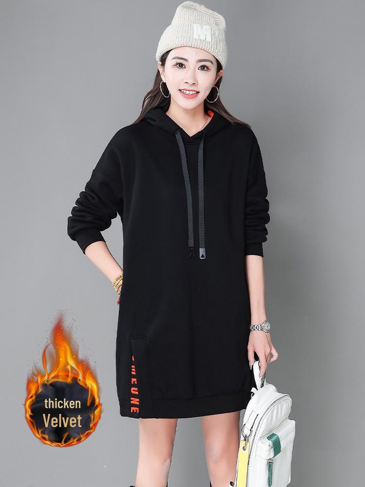 Women's Fleece-Lined Hooded Sweatshirt Dress, Contrasting Colors, Embroidered, Plus Size, Autumn/Winter 2025, Mid-Length, Thickened, Loose Fit.