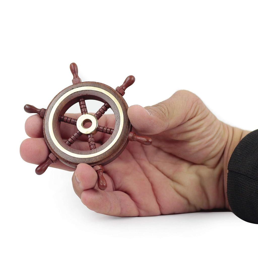 Hand Crafted Premium Nautical Wooden Ship Wheel | Exclusive Pirate's Wall Decor | Ocean  (Natural Wood - Brass Ring, 4 Inches)